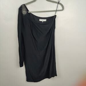 Trina Turk One Shoulder Dress Womens 2 100% Silk Black Beaded‎ Mini Cocktail